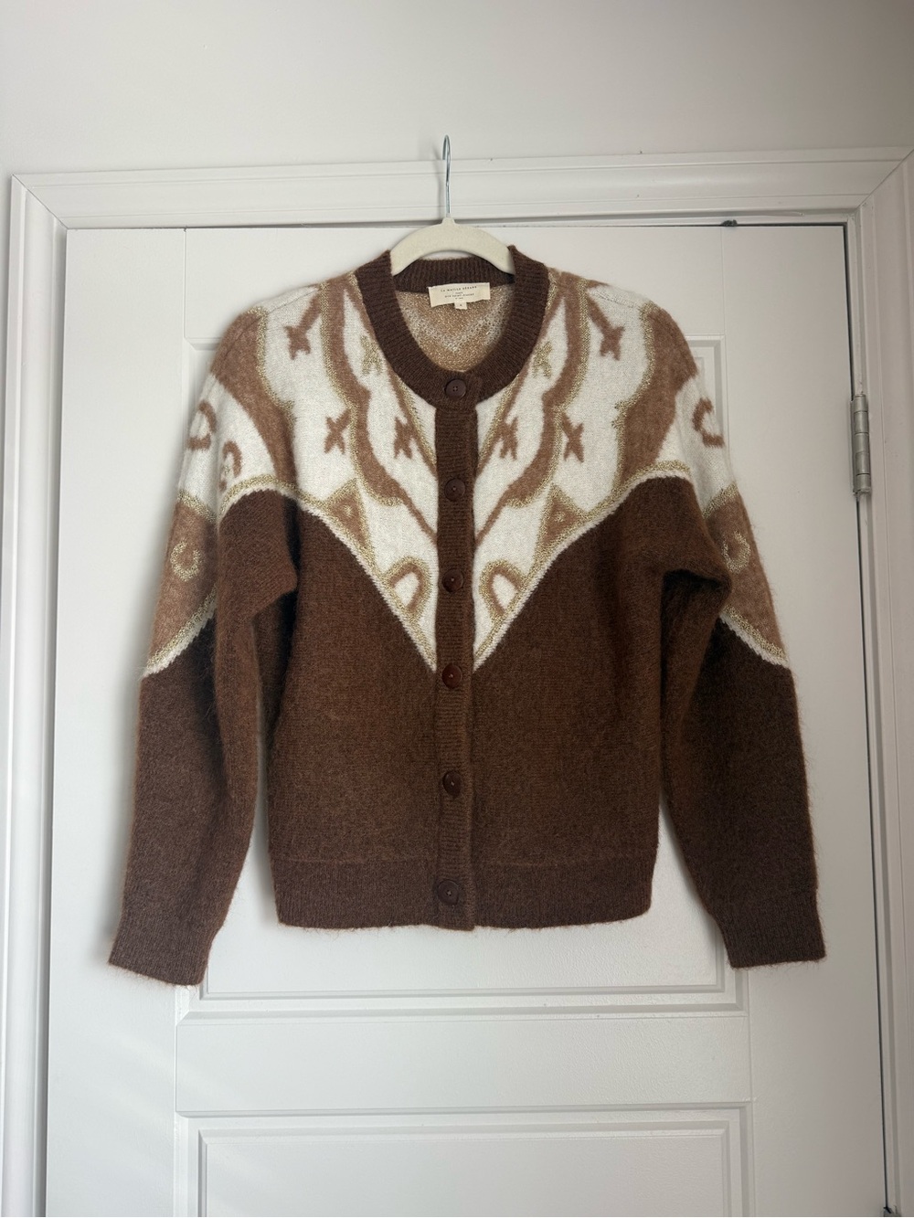 Sezane Margaux Cardigan Small Brown Camel Knit White Wool Blend Sweater